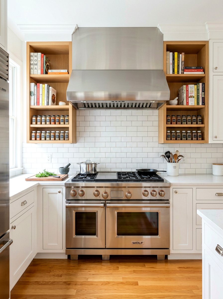 Shelves flanking range - 30 book shelf kitchen ideas
