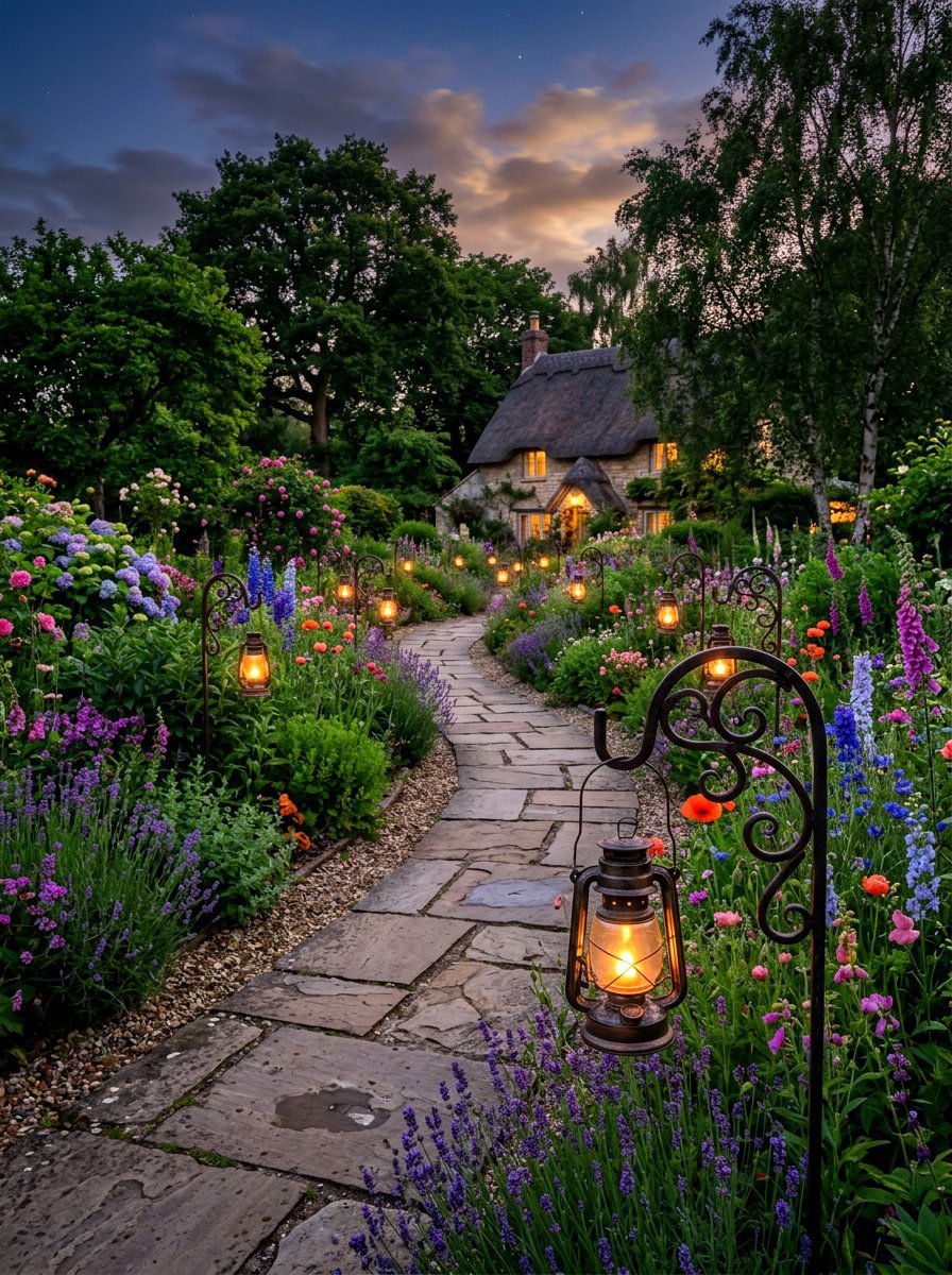 Shepherd Hook Lantern Path - 30 candle lantern patio ideas