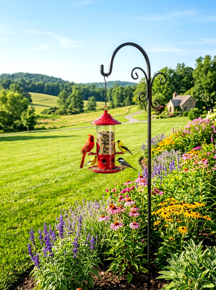 Shepherd hook bird feeder - 30 bird feeder garden ideas