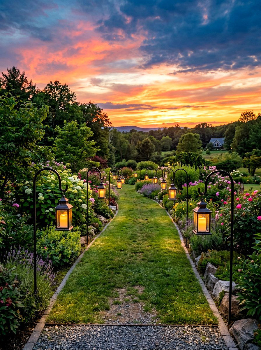 Shepherds Hook Lantern Path - 30 backyard wedding decor ideas