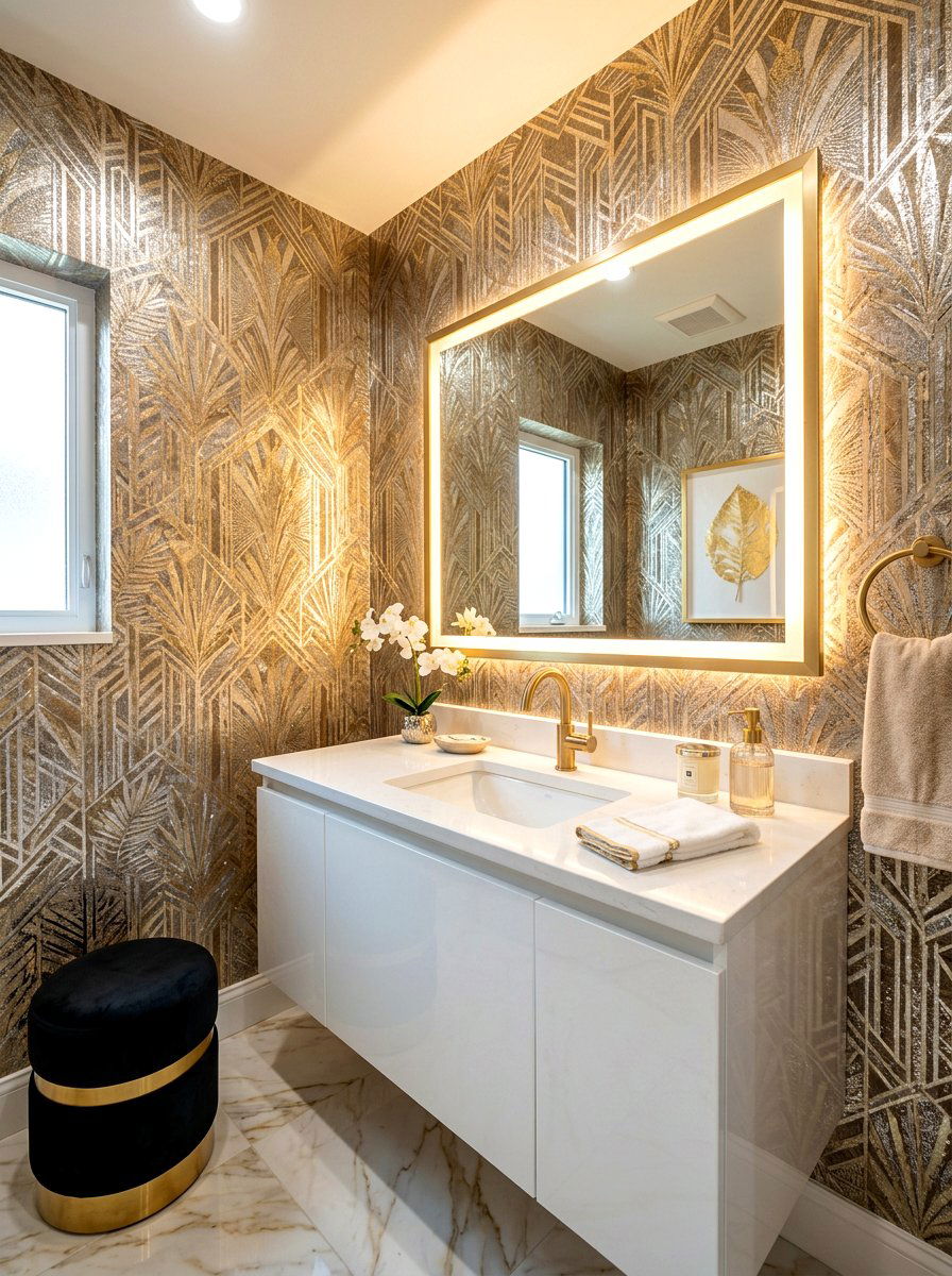 Shimmering Metallic Wallpaper - 30 wallpapered powder room ideas