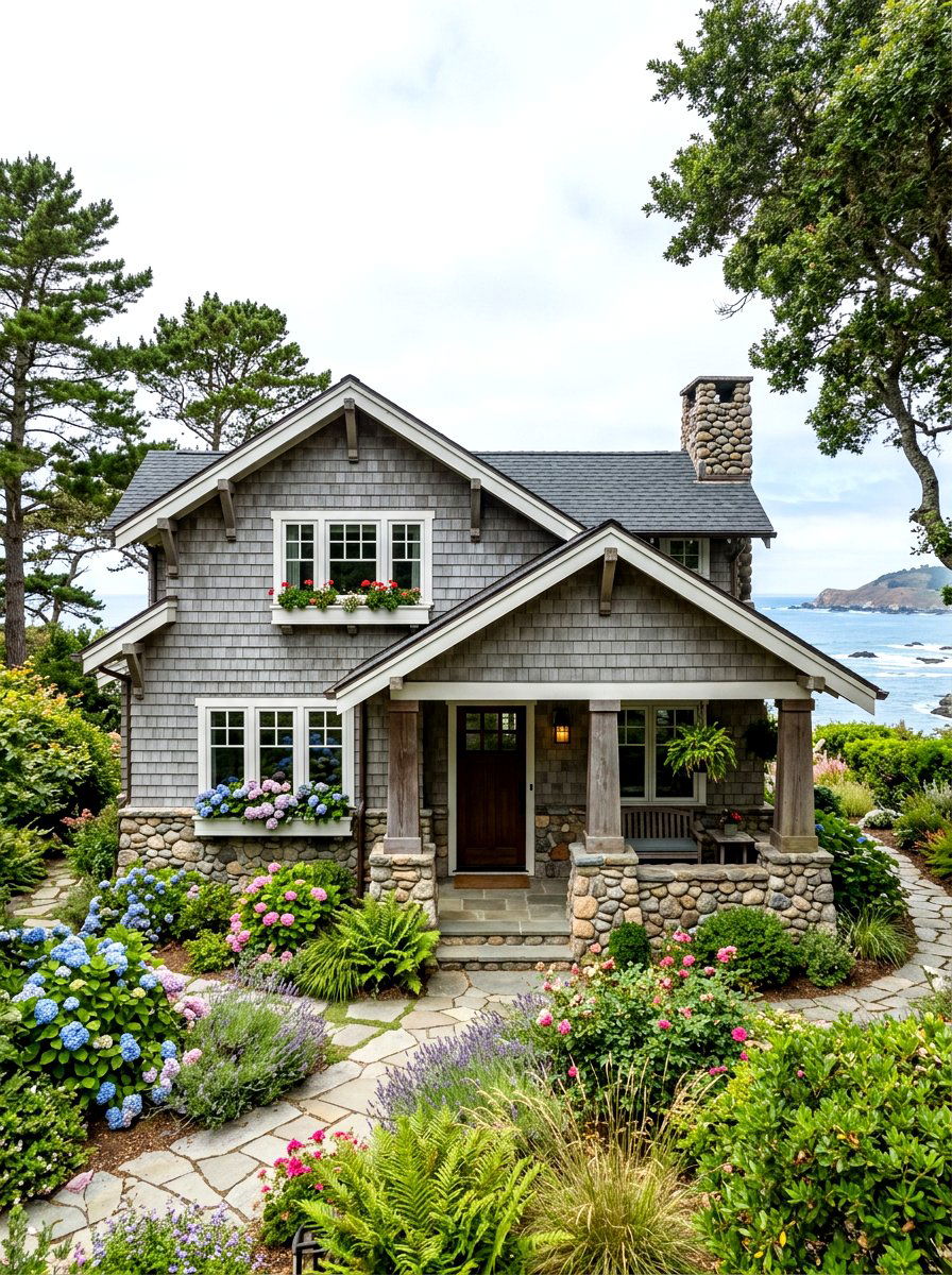 Shingle and stone exterior - 30 mixed material facade ideas