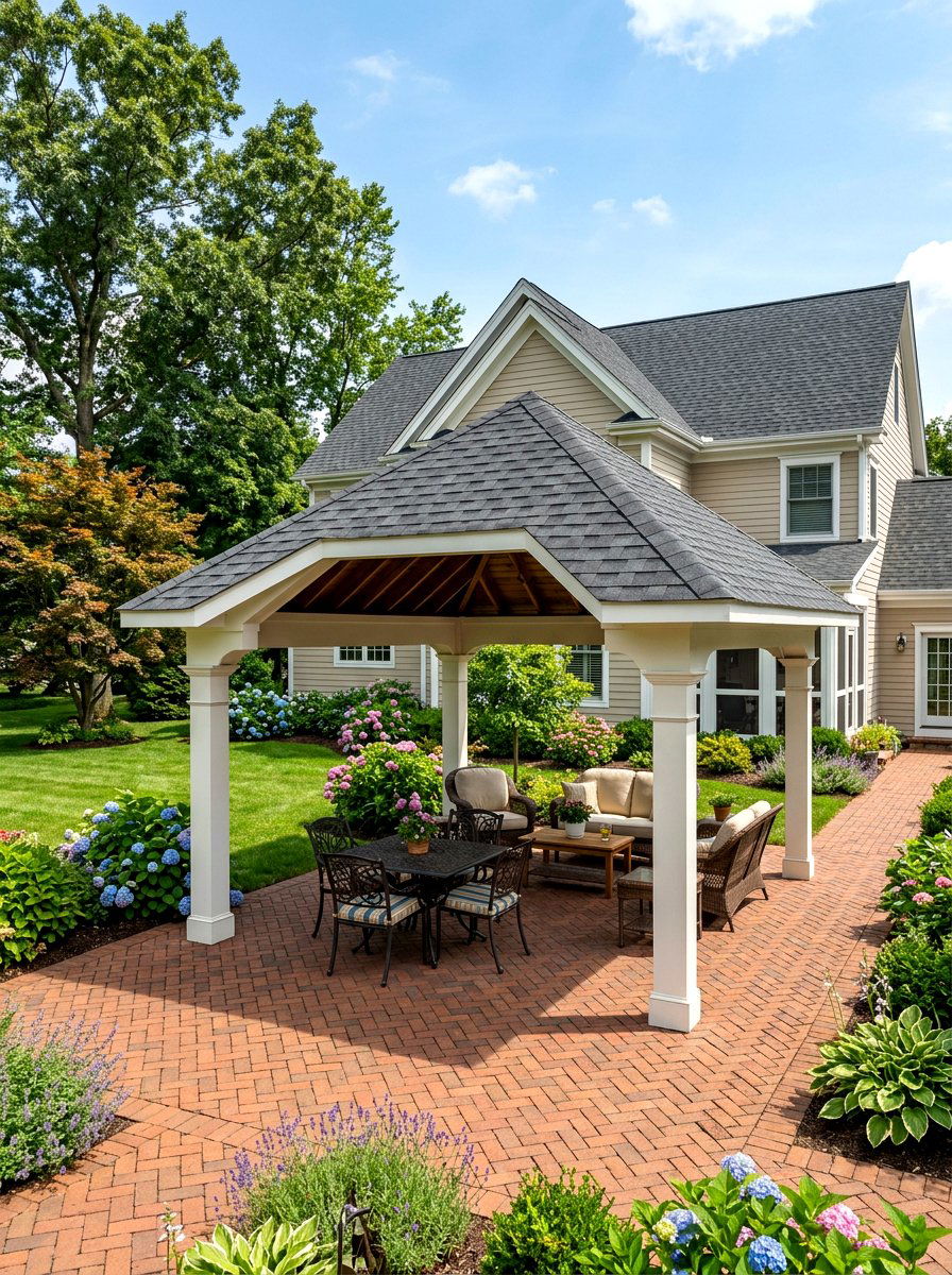 Shingle roof pavilion - 30 hexagon pavilion ideas