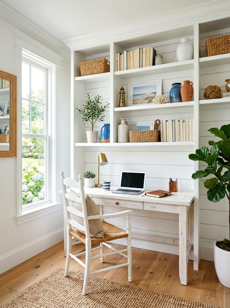 Shiplap Back White Office Shelving - 30 white office built in ideas