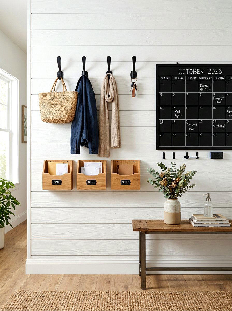 Shiplap Backdrop Organization Wall - 30 family command center ideas