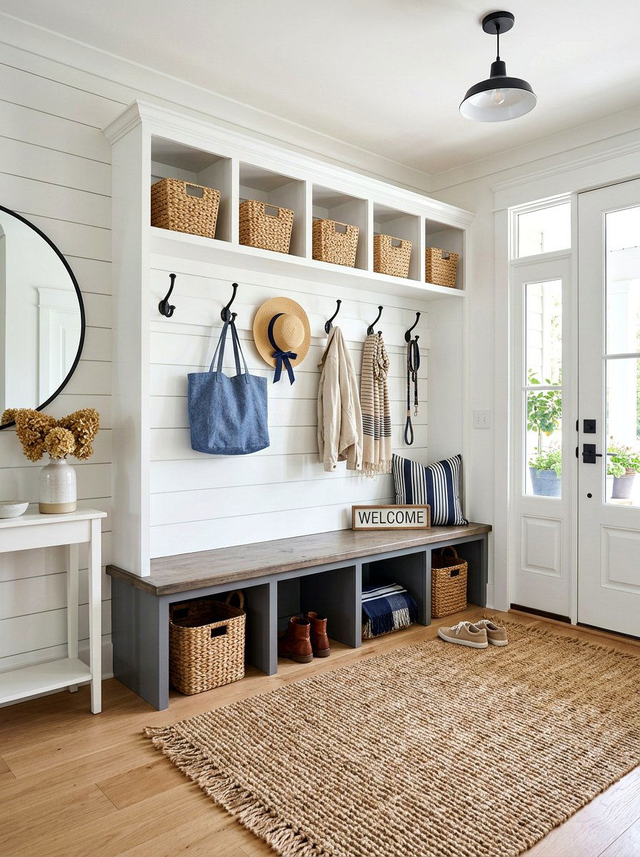 Shiplap Backed Entryway Cubbies - 30 entry cubby ideas