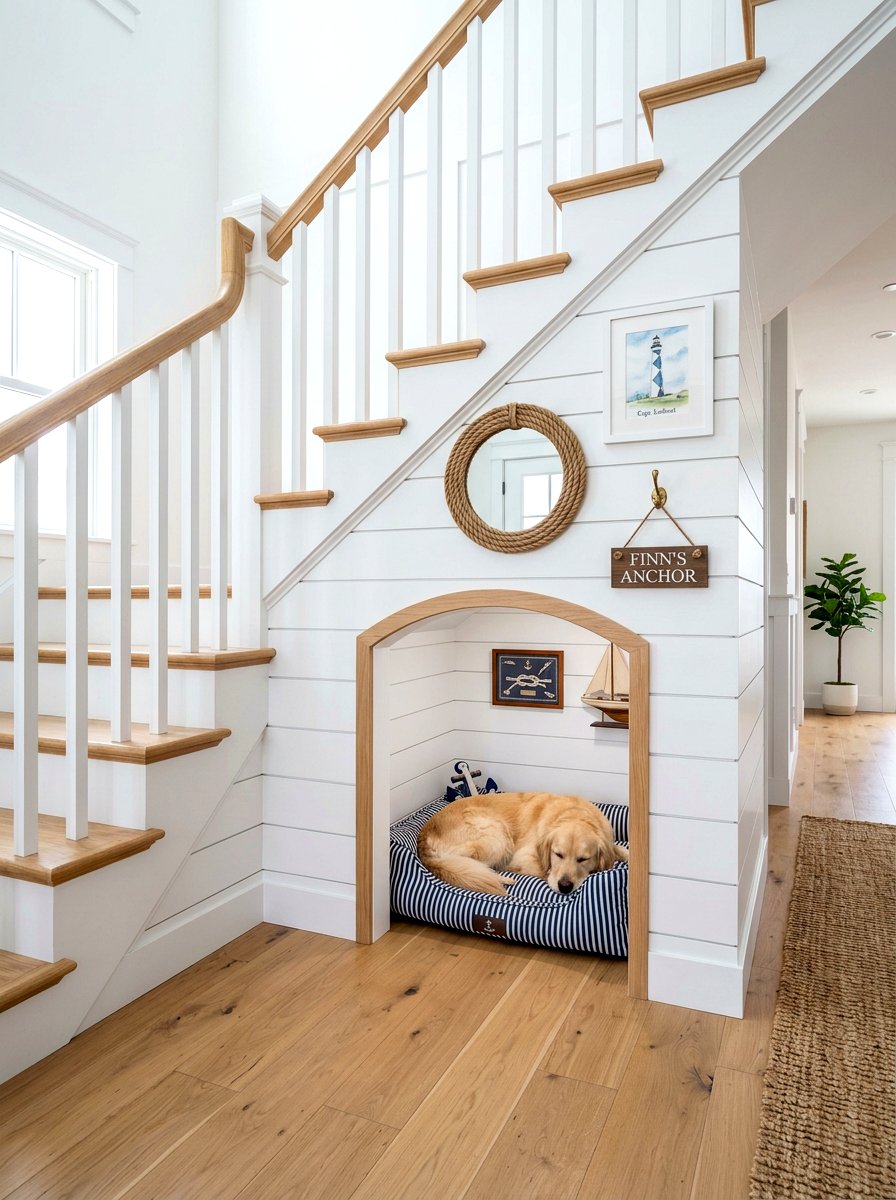 Shiplap Dog House - 30 under staircase pet nook ideas