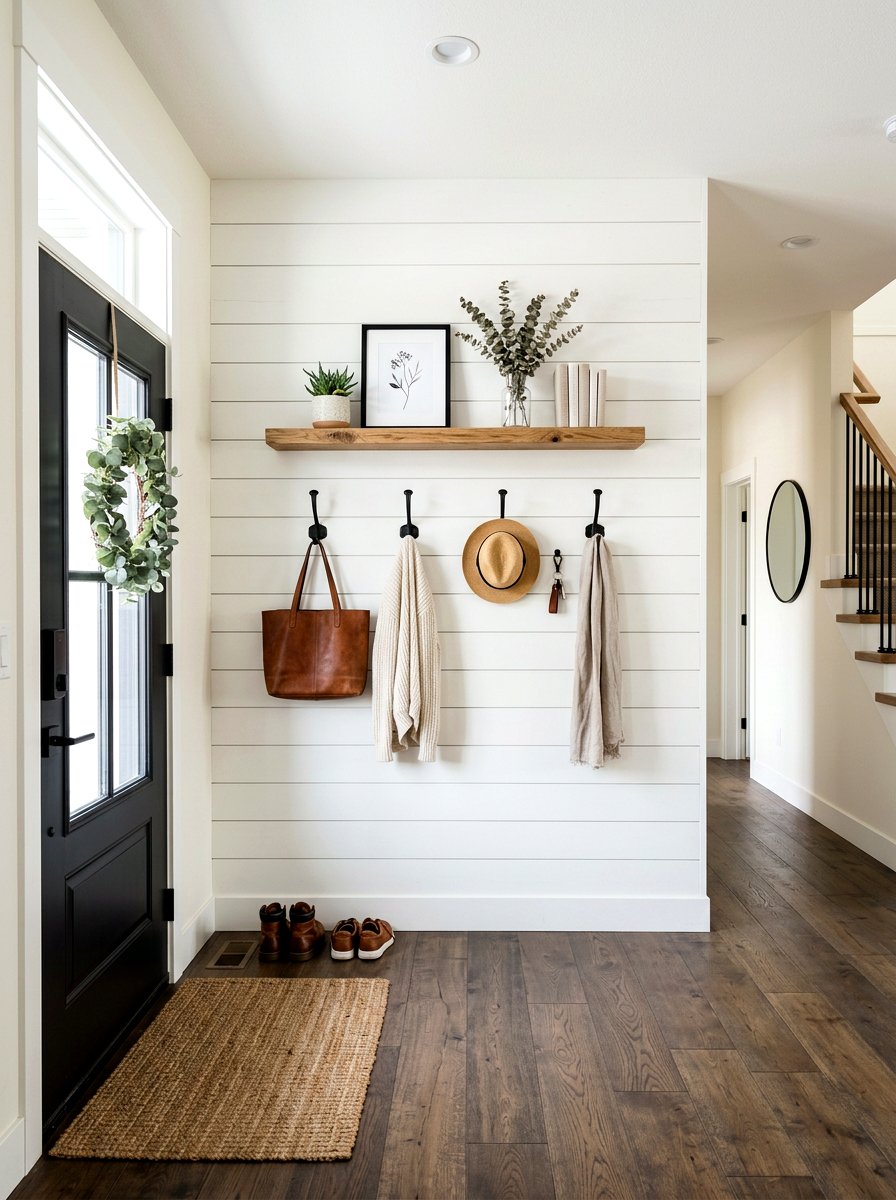Shiplap Entry Wall - 30 mini mudroom apartment ideas