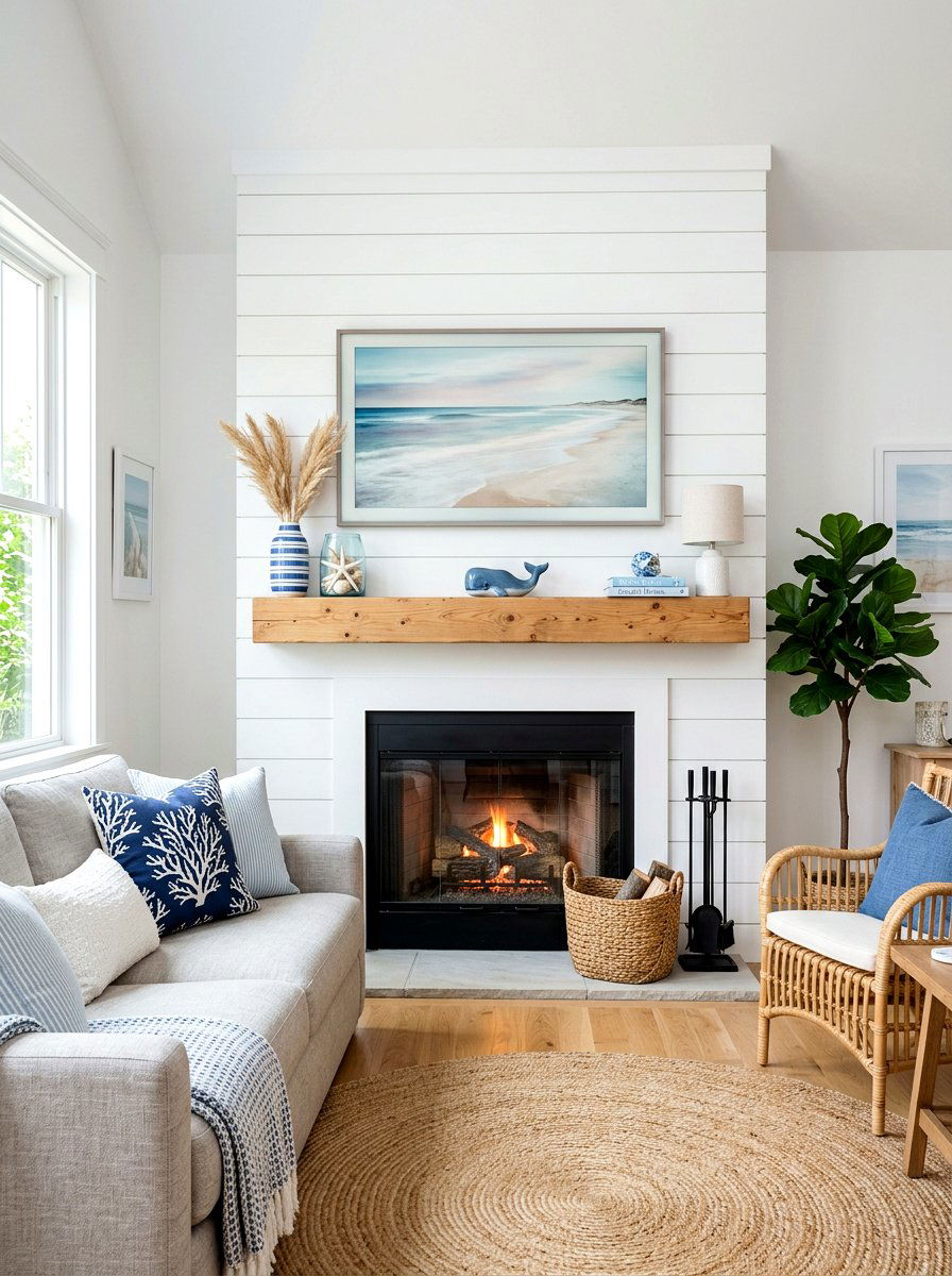 Shiplap Fireplace With Mounted TV - 30 fireplace and TV layout ideas
