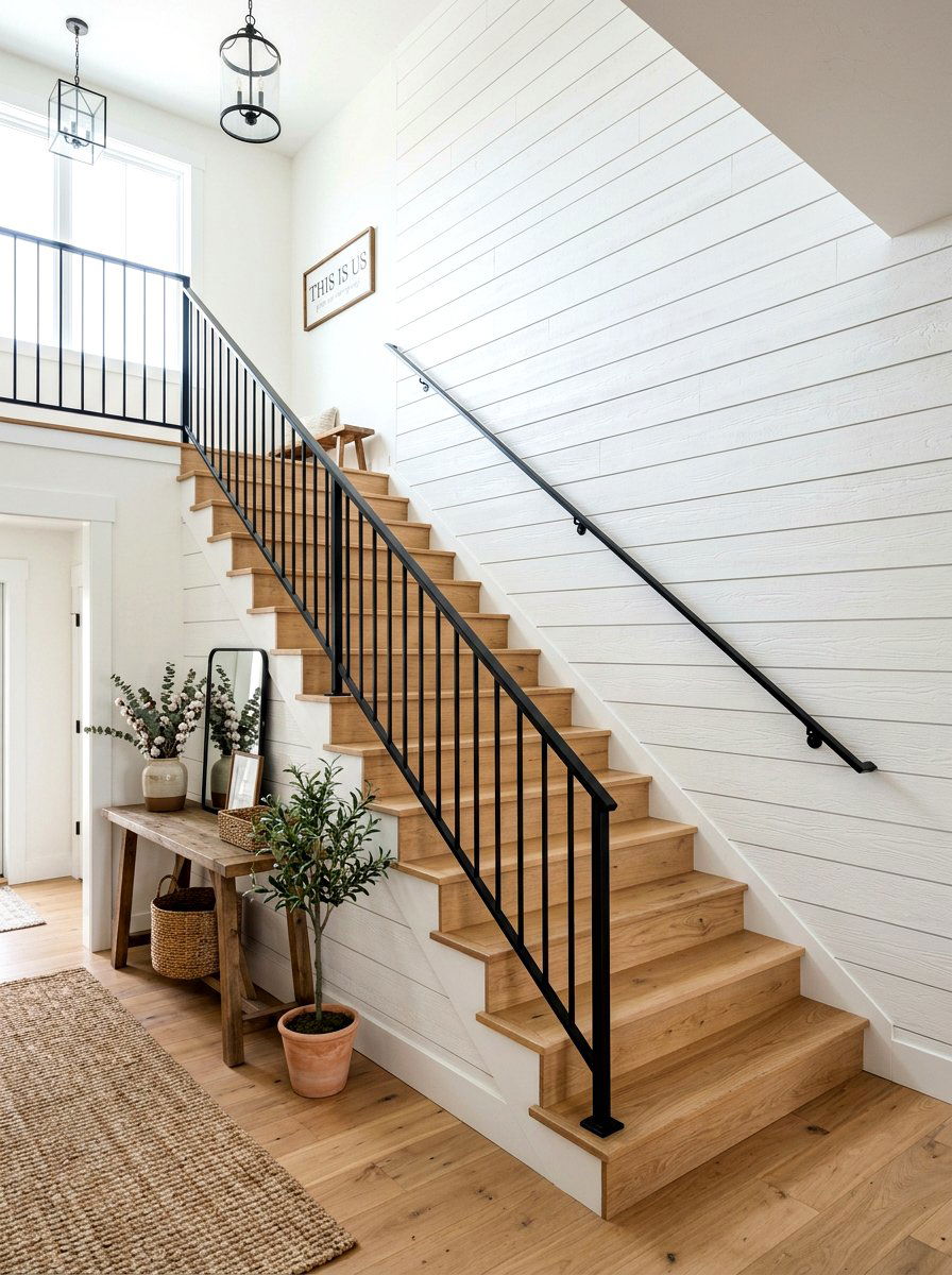 Shiplap Staircase Accent Wall - 30 banister makeover ideas