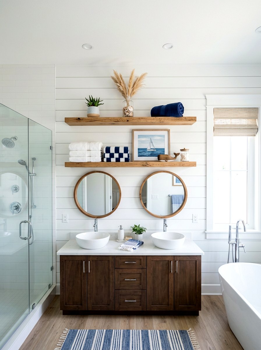 Shiplap Wall Floating Shelves - 30 bathroom linen shelf ideas