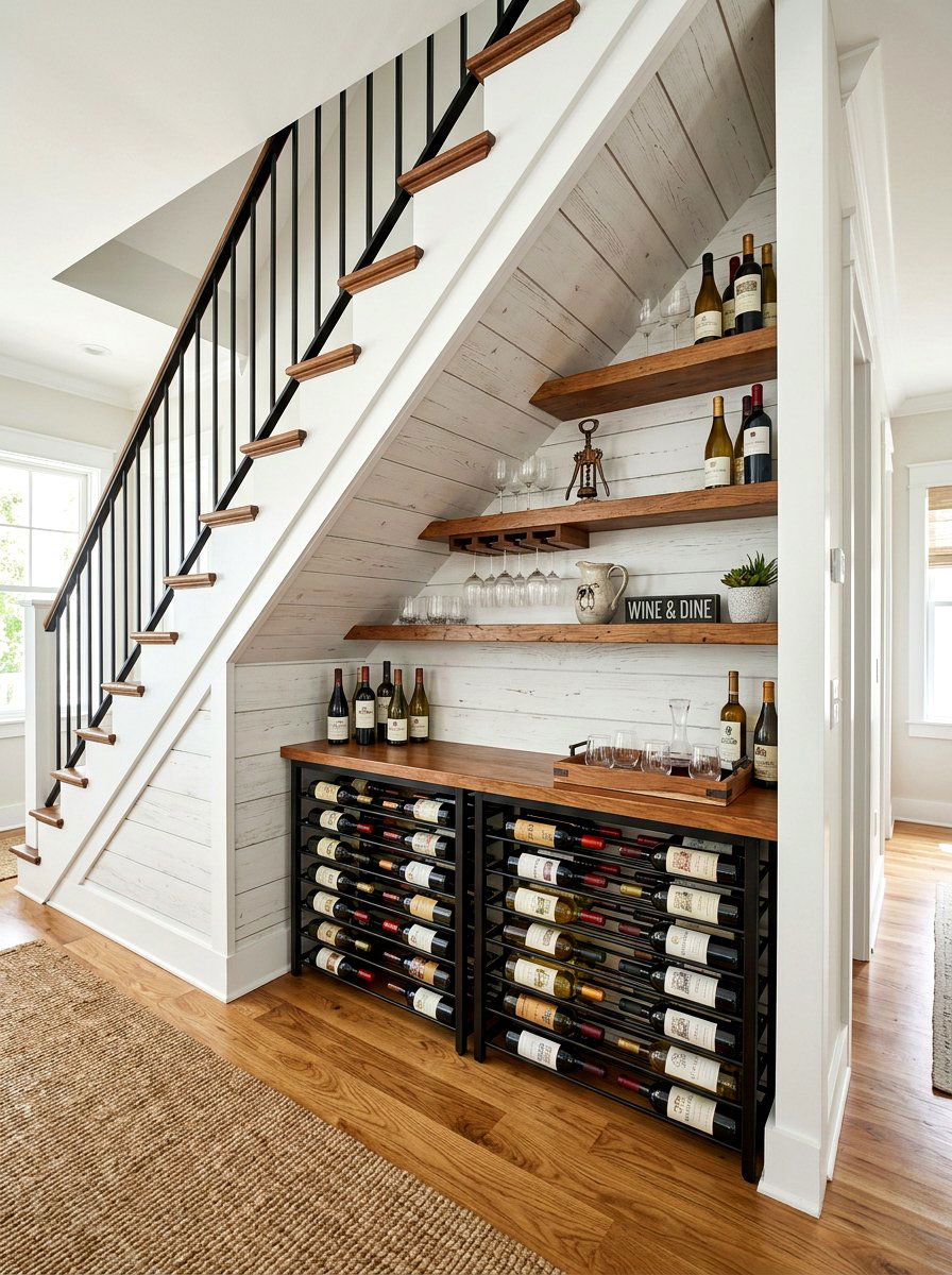 Shiplap Wine Nook Wall - 30 under stairs wine nook ideas