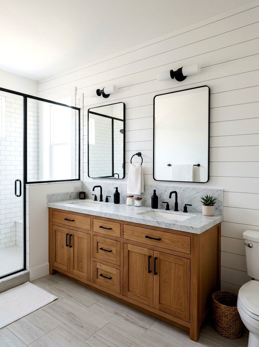 Shiplap back bathroom vanity - 30 farmhouse bathroom vanity ideas