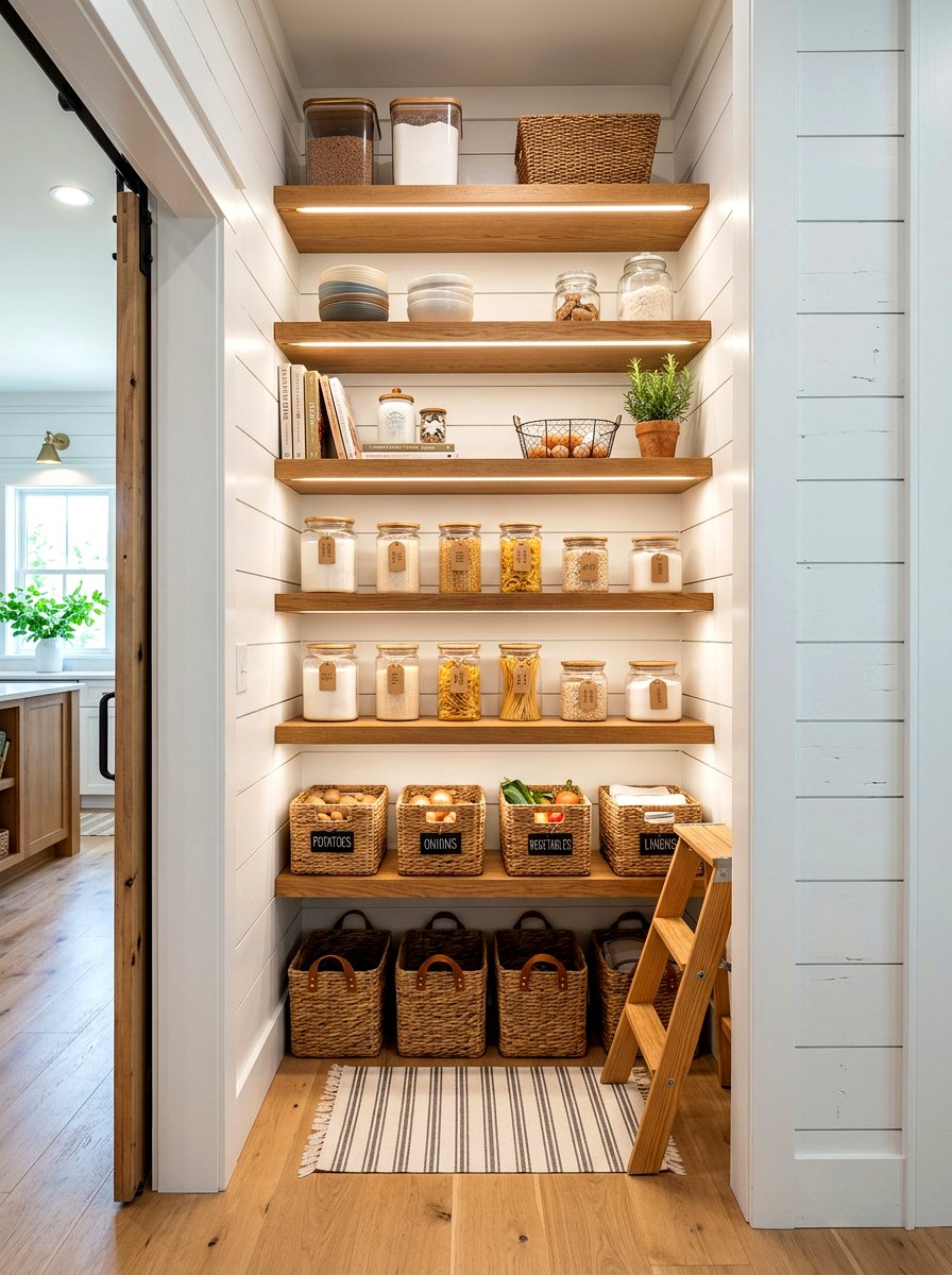 Shiplap back pantry shelving - 30 farmhouse pantry shelving ideas