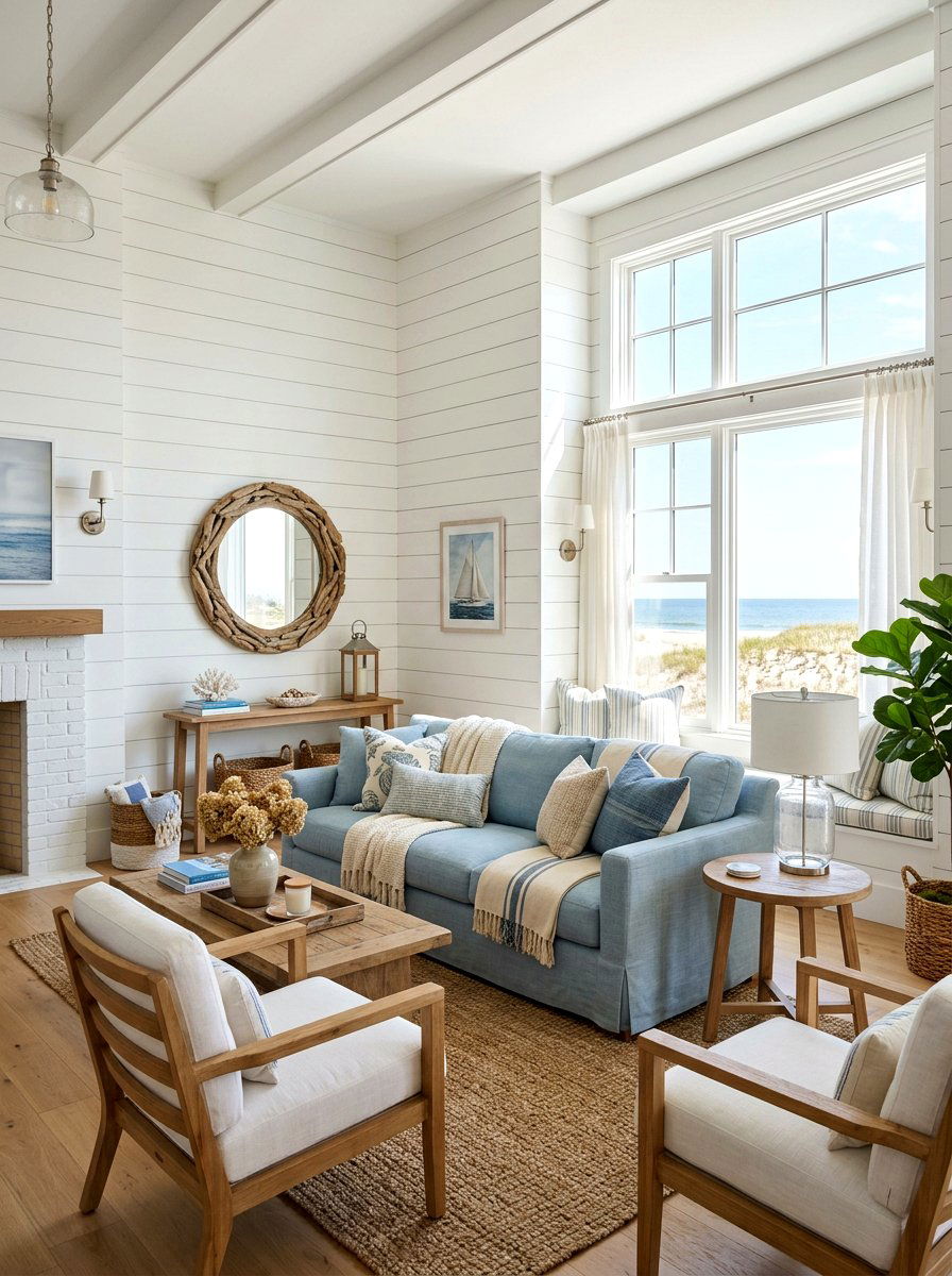 Shiplap coastal living room - 30 coastal living room ideas