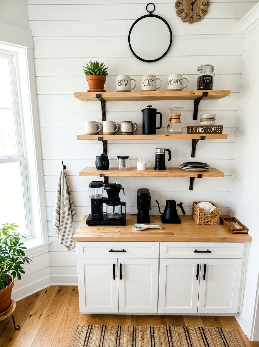 Shiplap coffee station wall - 30 coffee pantry wall ideas