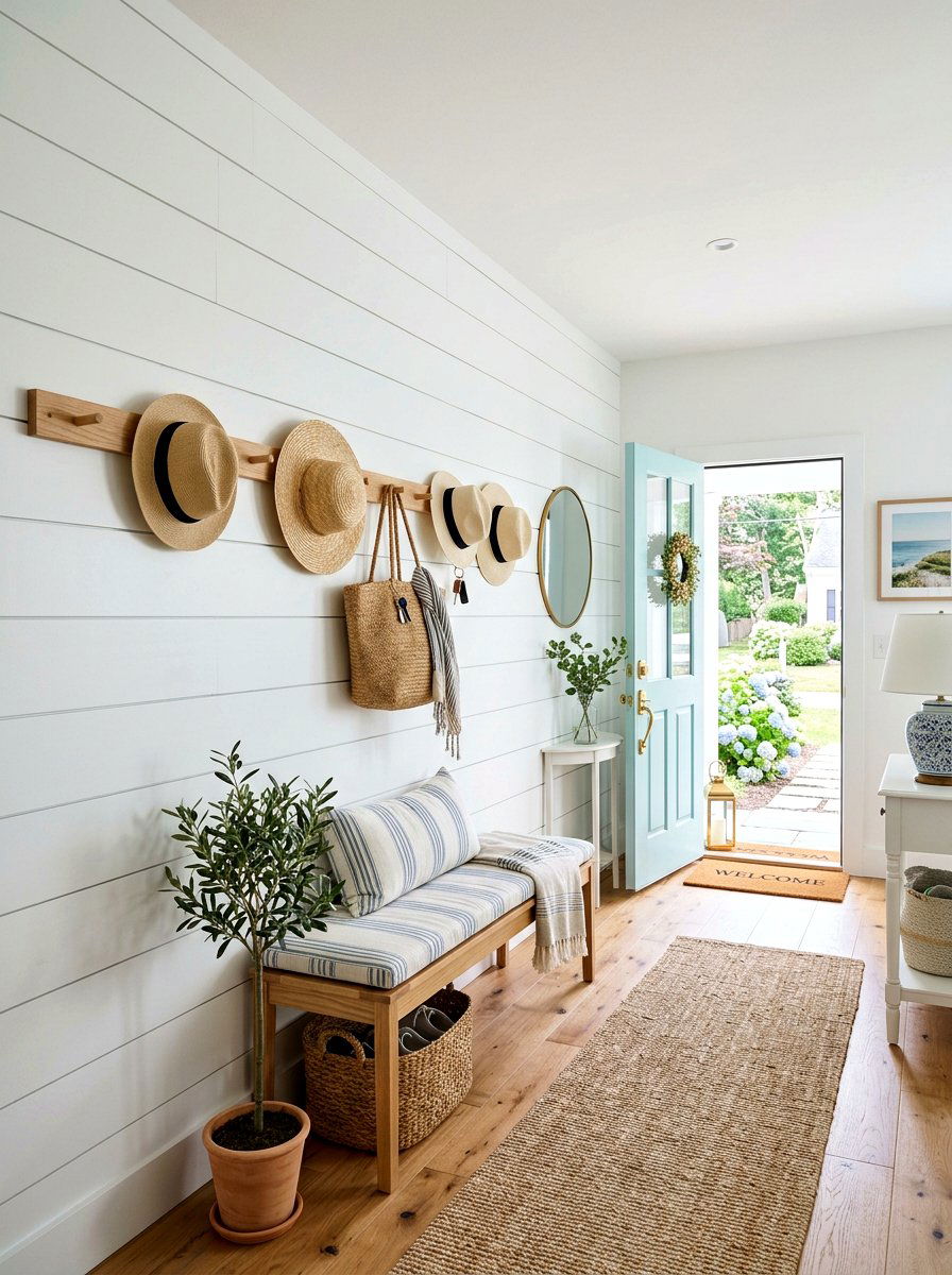 Shiplap entryway wall - 30 drop zone shelf ideas