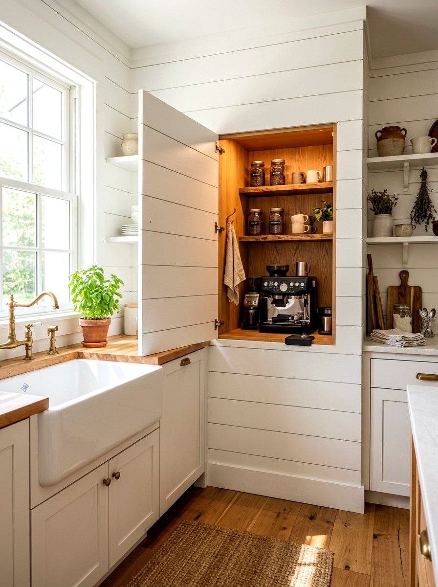 Shiplap hidden coffee bar - 30 hidden coffee pantry ideas