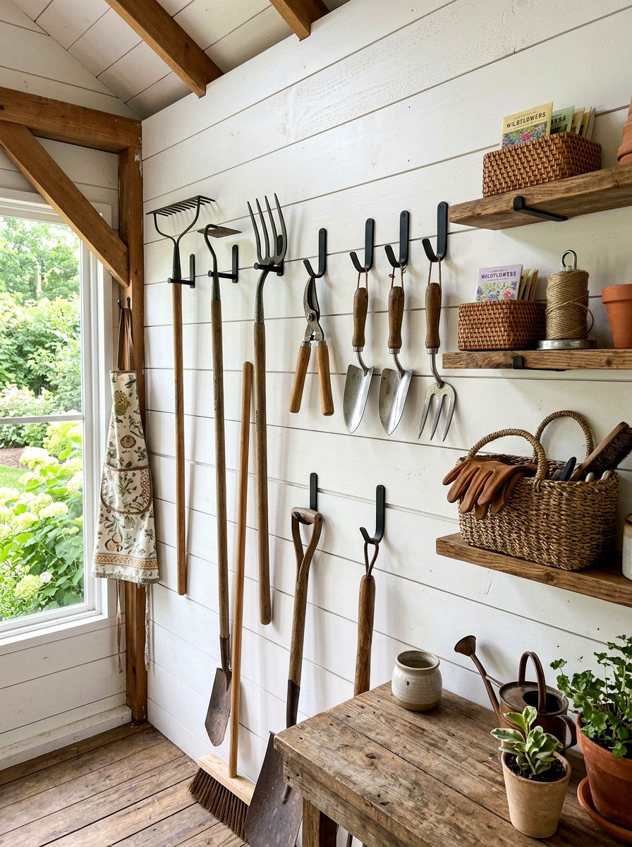 Shiplap tool storage wall - 30 garden tool wall ideas