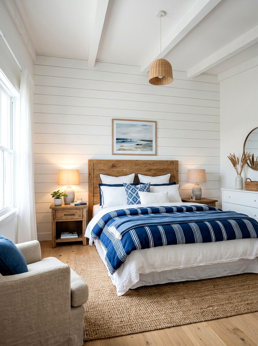 Shiplap wall bedroom - 30 coastal prep bedroom ideas