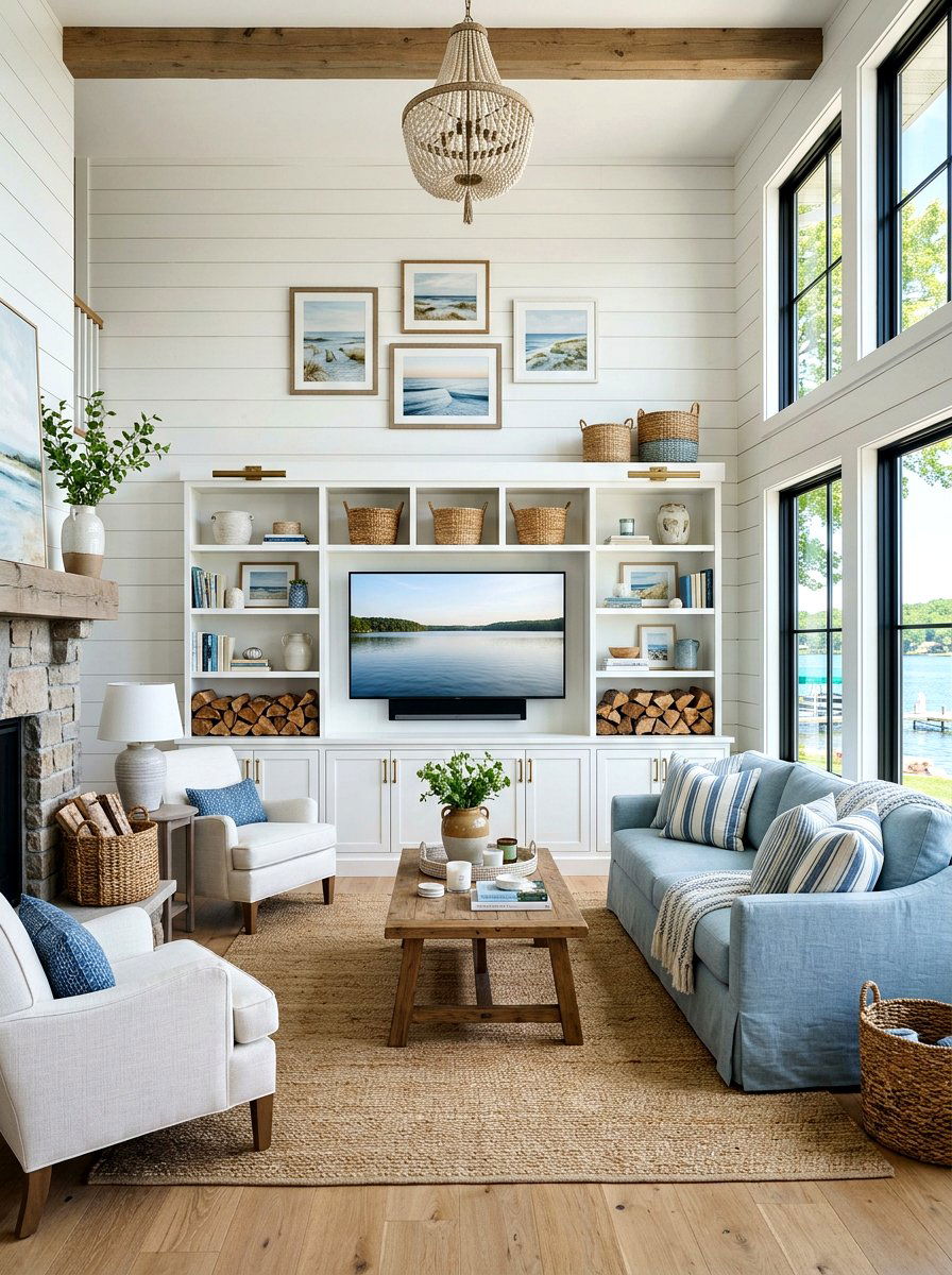 Shiplap wall lake house - 30 lake house living room ideas