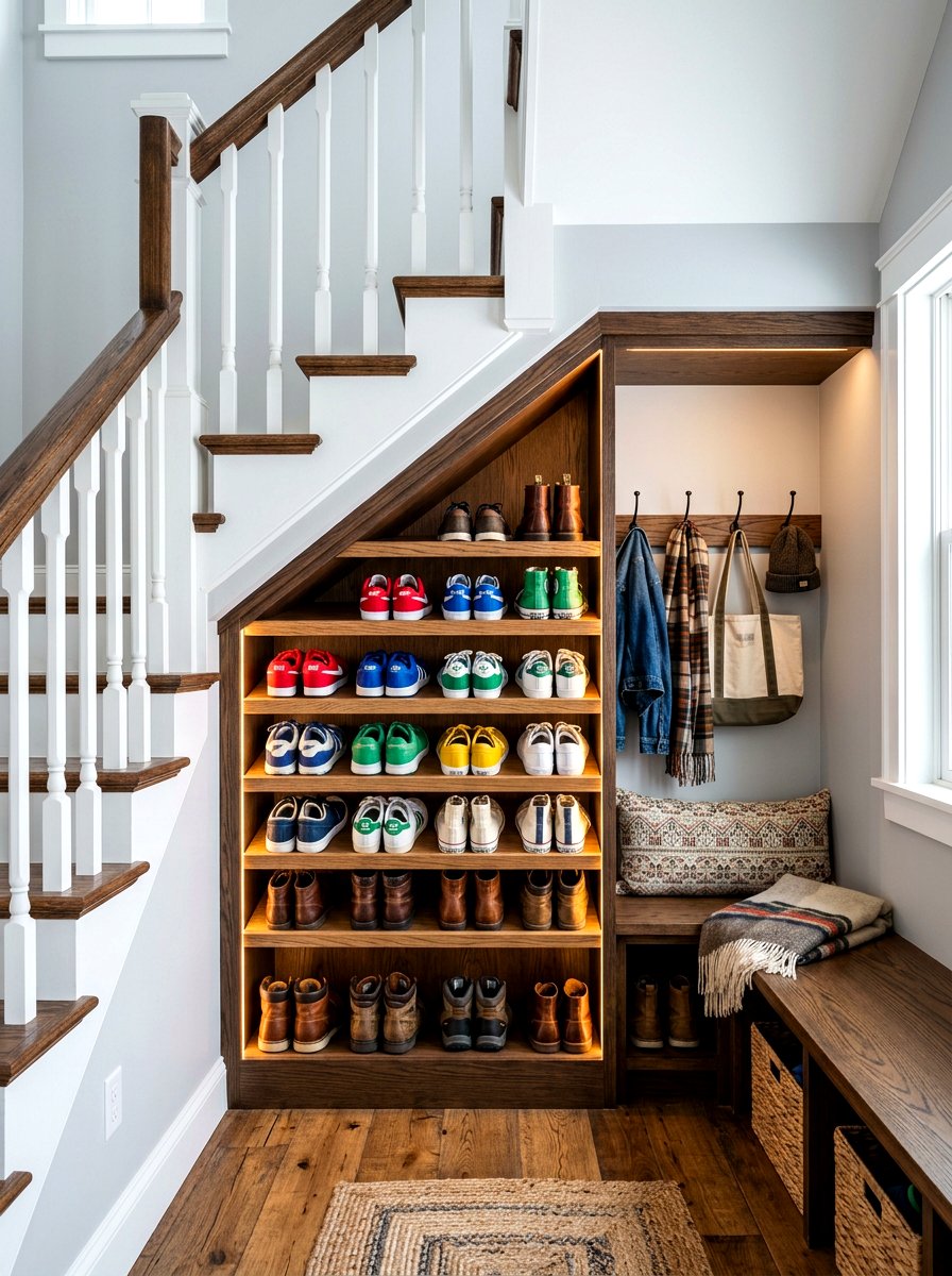 Shoe rack under stairs - 30 stair nook decor ideas
