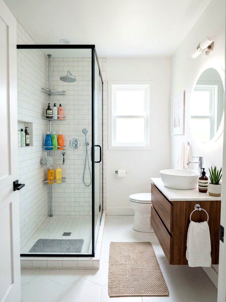 Shower caddy tension pole - 30 small apartment storage ideas