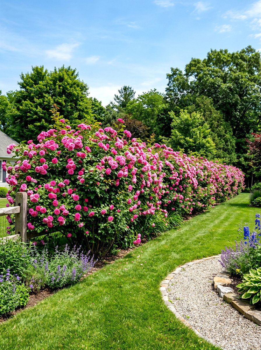 Shrub rose privacy screen - 30 cottage rose border landscaping ideas