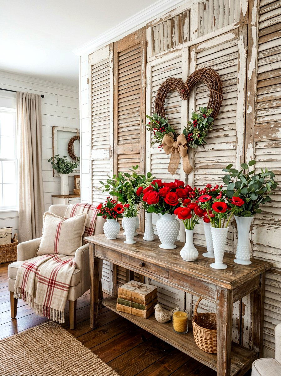 Shutter Backdrop Farmhouse Valentine Mantel - 30 Valentine mantel ideas