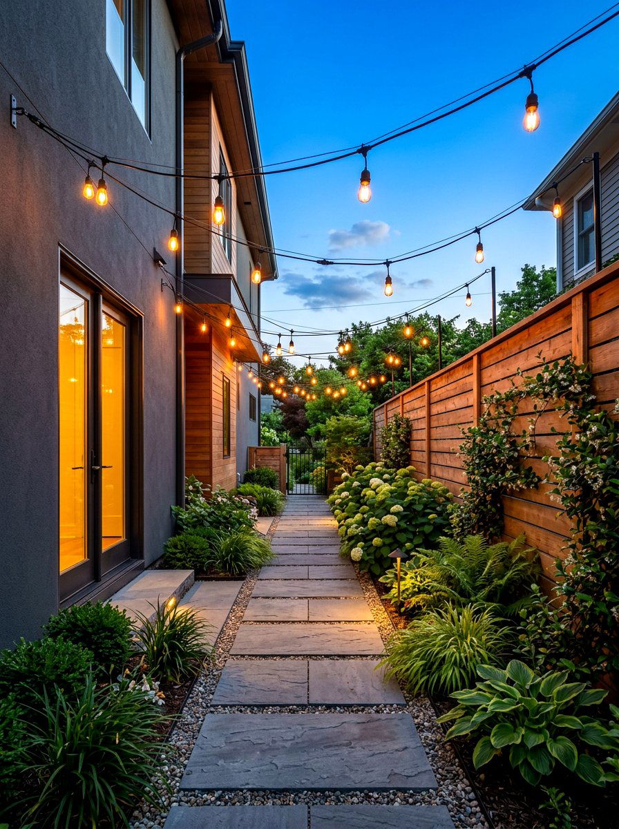 Side Yard String Lights - 30 shaded side yard ideas