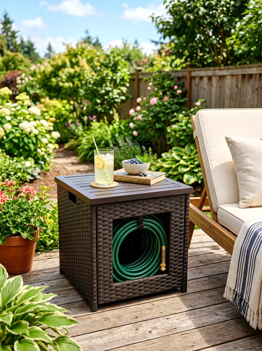 Side table hose storage - 30 hose reel hideaway ideas
