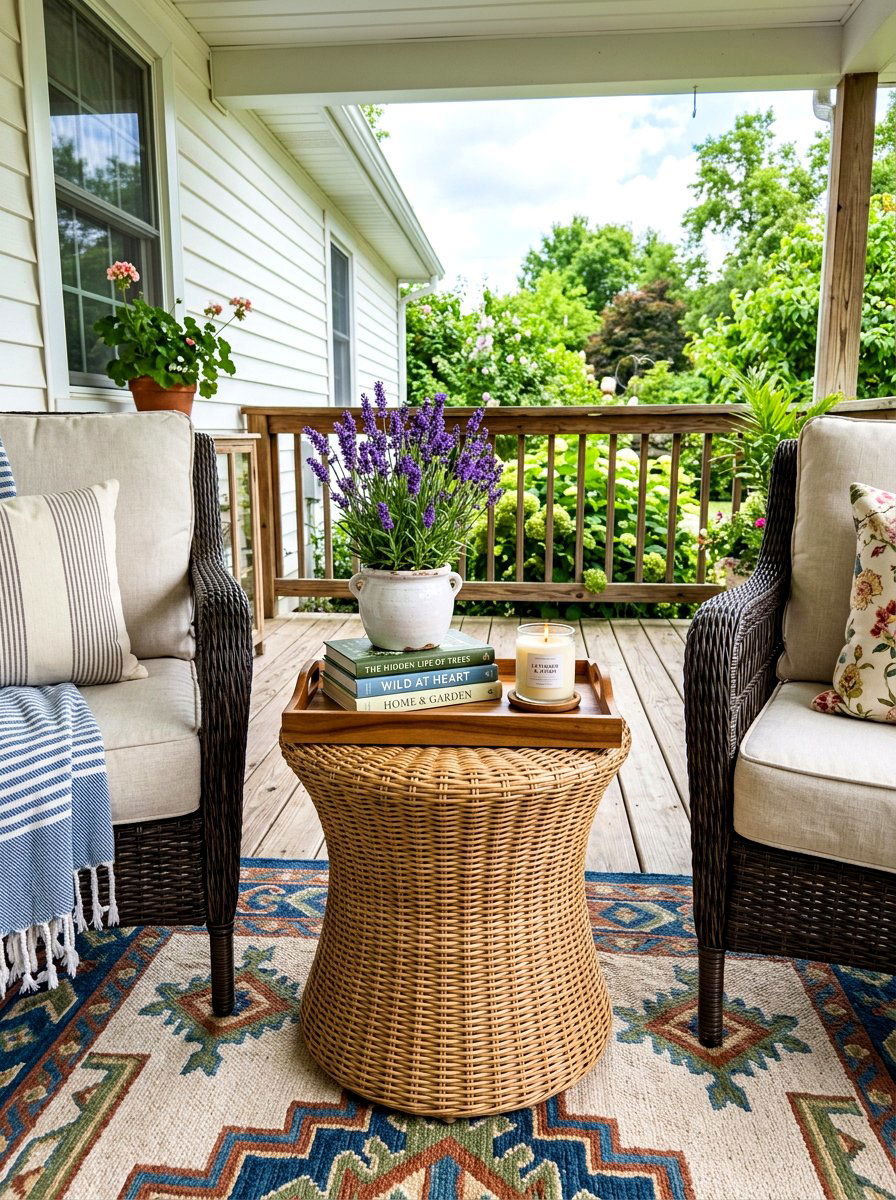 Side table with tray decor - 30 spring porch layering ideas
