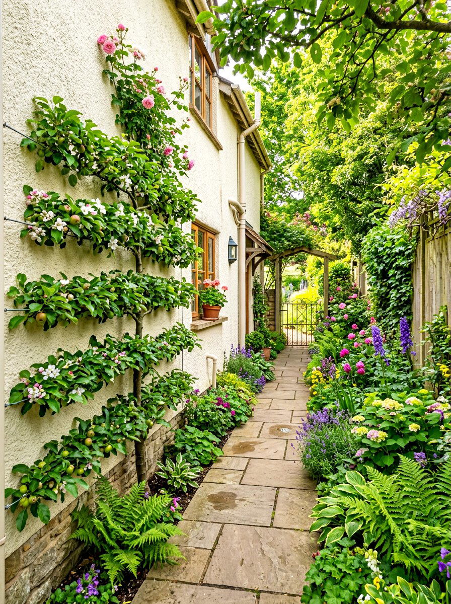 Side yard espalier - 30 espalier wall garden ideas