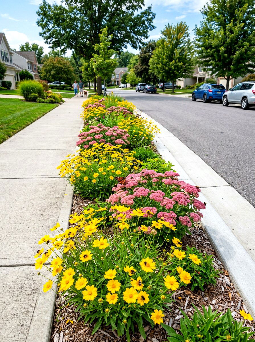 Sidewalk Pollinator Strip - 30 pollinator front yard ideas