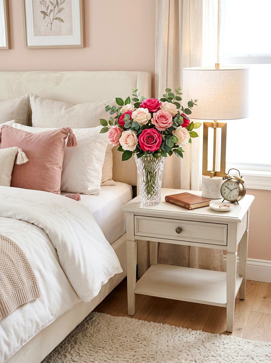 Silk Rose Bouquet Nightstand - 30 faux plant decor ideas