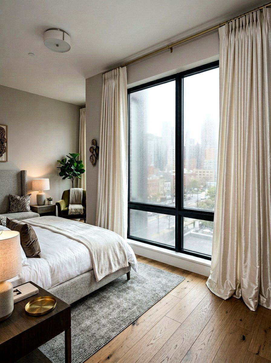 Silk drapes over translucent window film - 30 bedroom curtain layering ideas