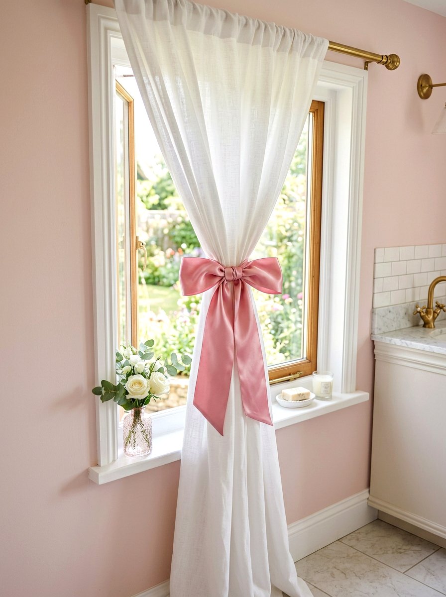 Silk ribbon bathroom curtain tieback - 30 coquette bathroom ideas