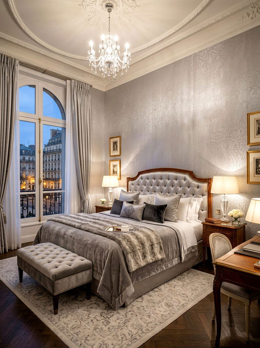 Silk wall covering - 30 Parisian hotel bedroom ideas