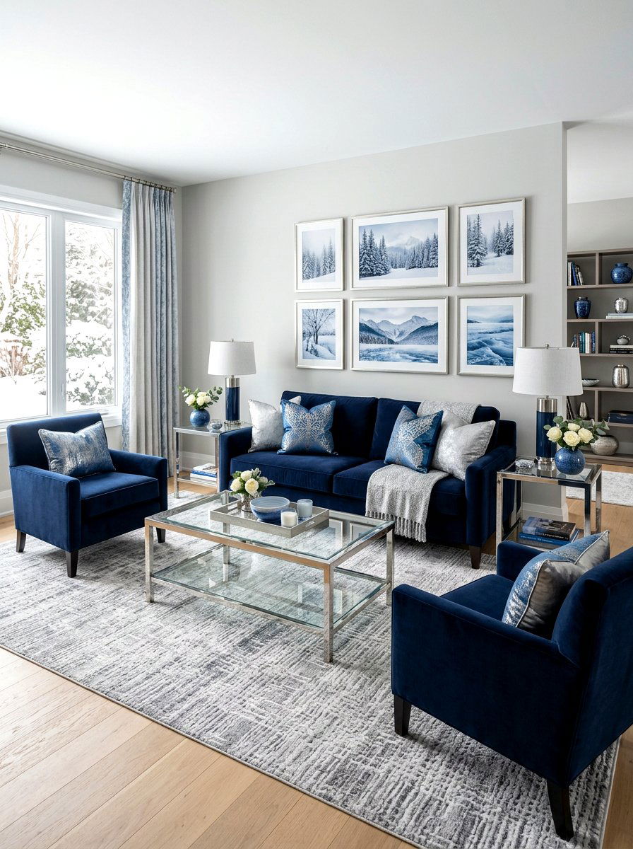 Silver And Blue Sitting Room - 30 metallic holiday decor ideas