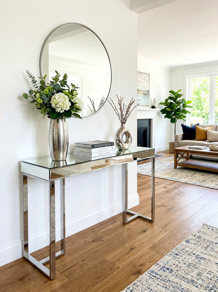 Silver Console Table - 30 chrome aesthetic living room ideas