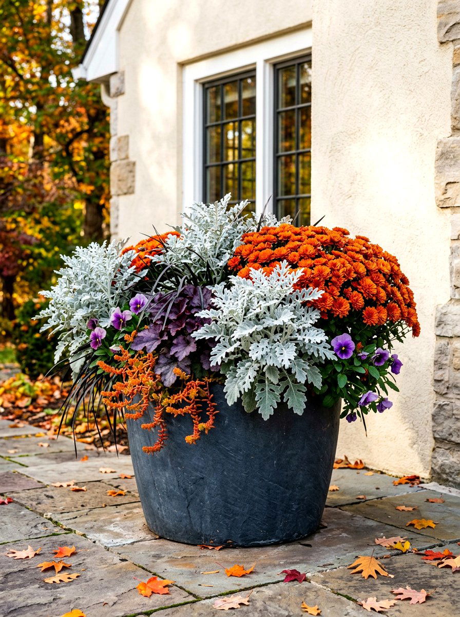 Silver Dusty Miller Foliage - 30 fall porch planter ideas