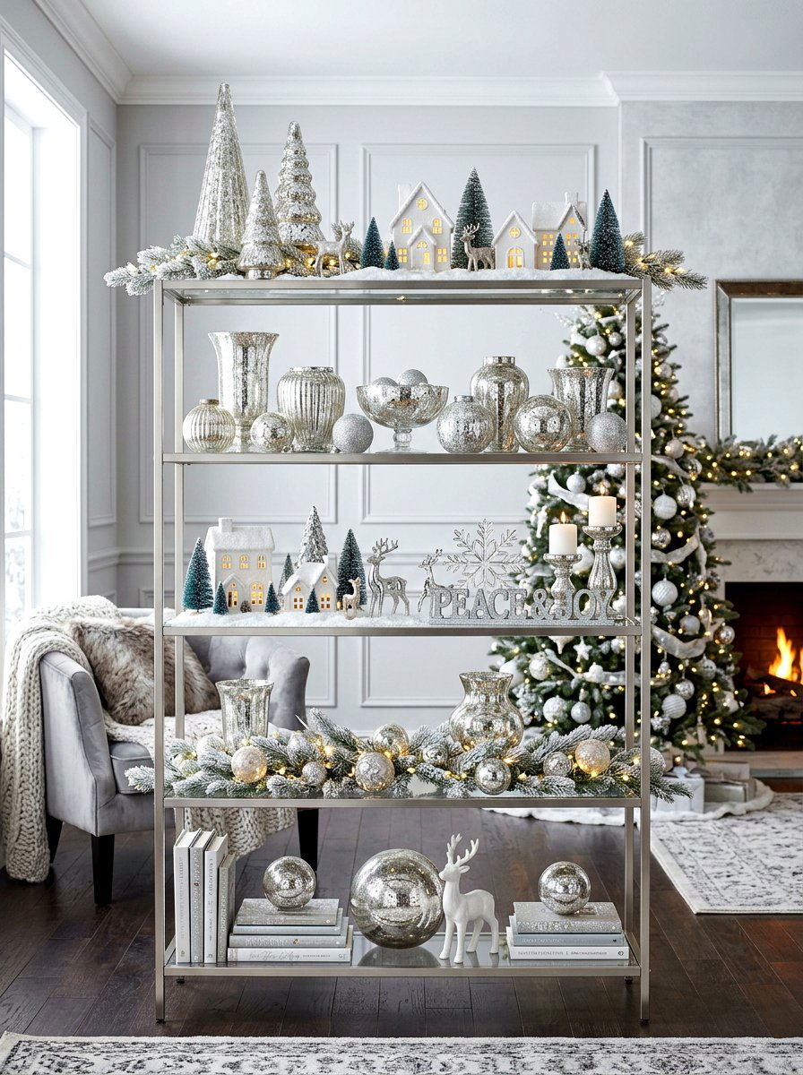 Silver Holiday Shelf - 30 seasonal shelf decor ideas