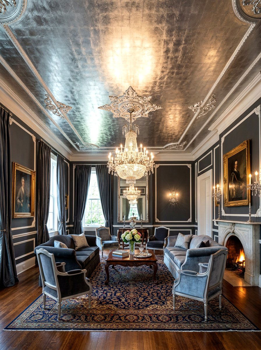 Silver Leaf Ceiling - 30 metallic maximalist decor ideas