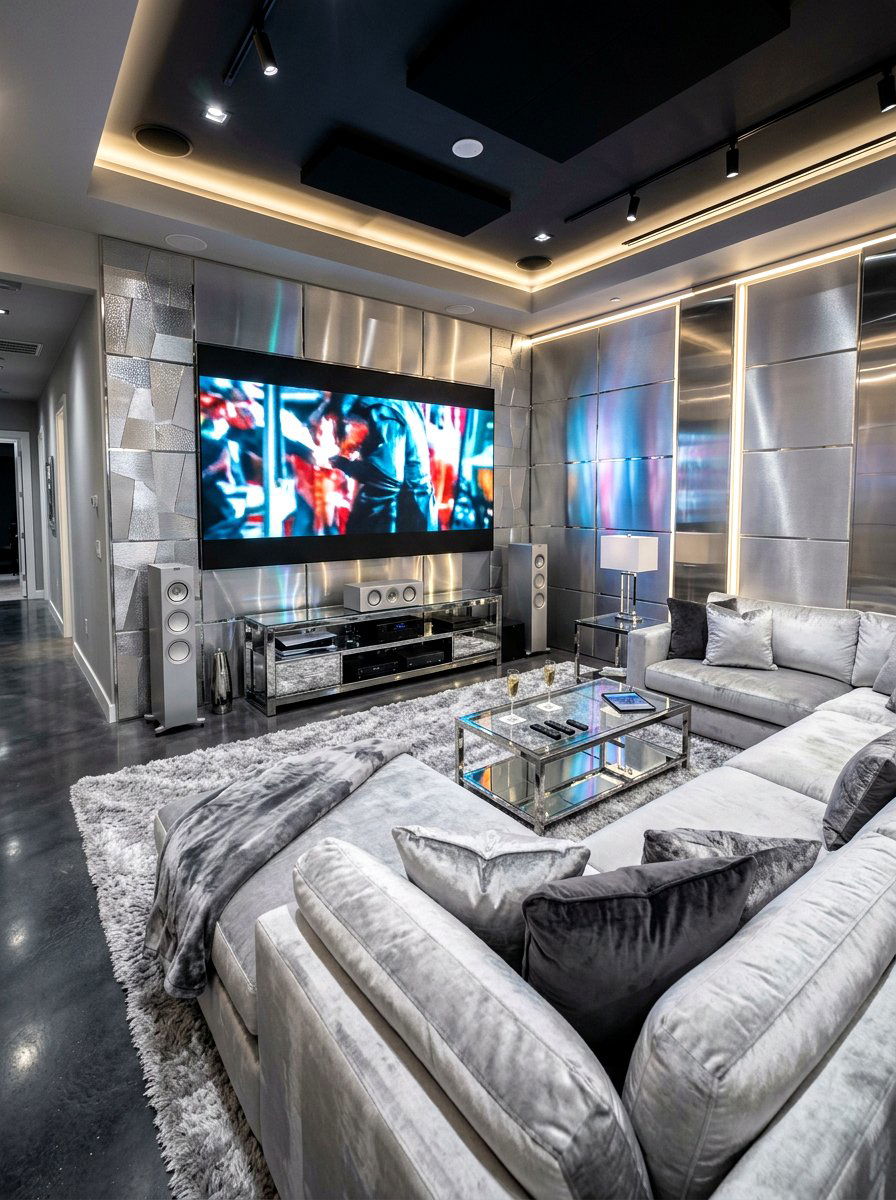 Silver Media Room - 30 metallic maximalist decor ideas