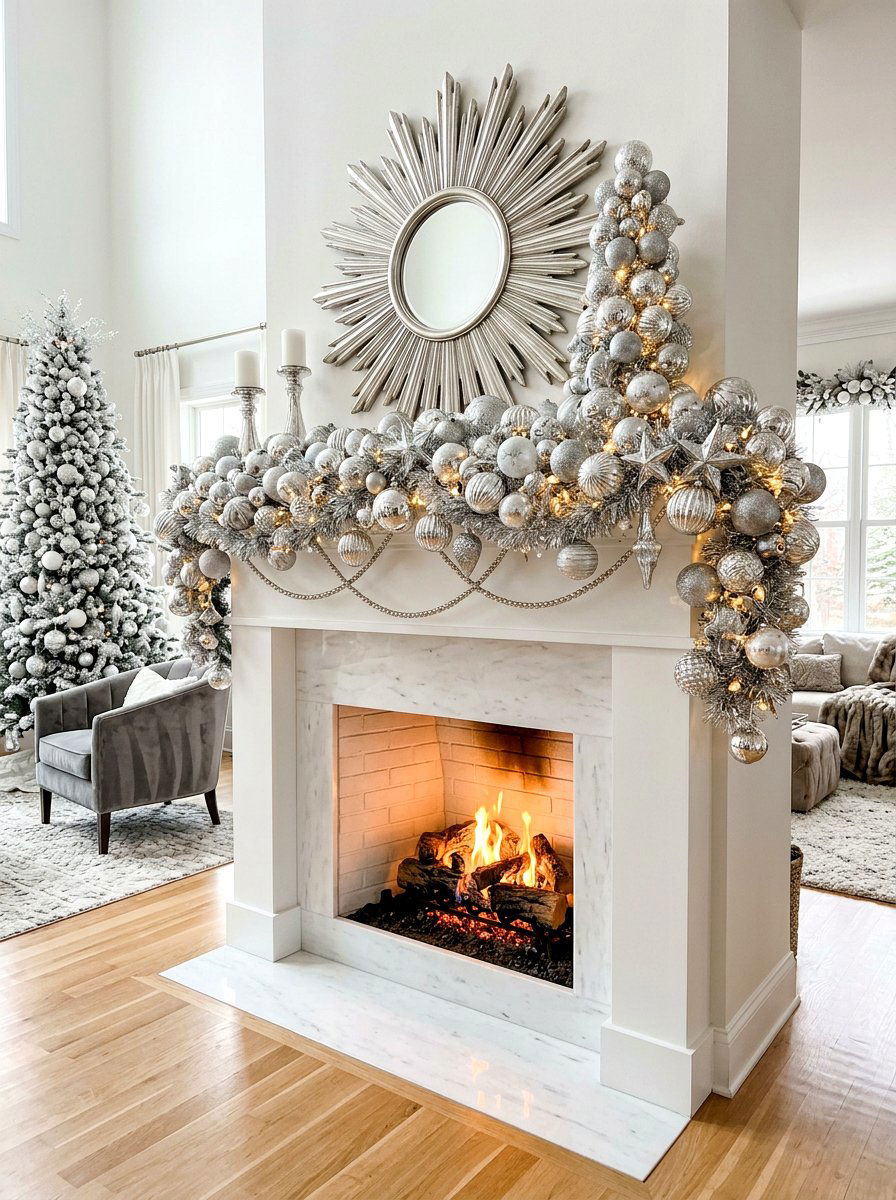 Silver Ornament Mantel - 30 holiday mantel garland ideas
