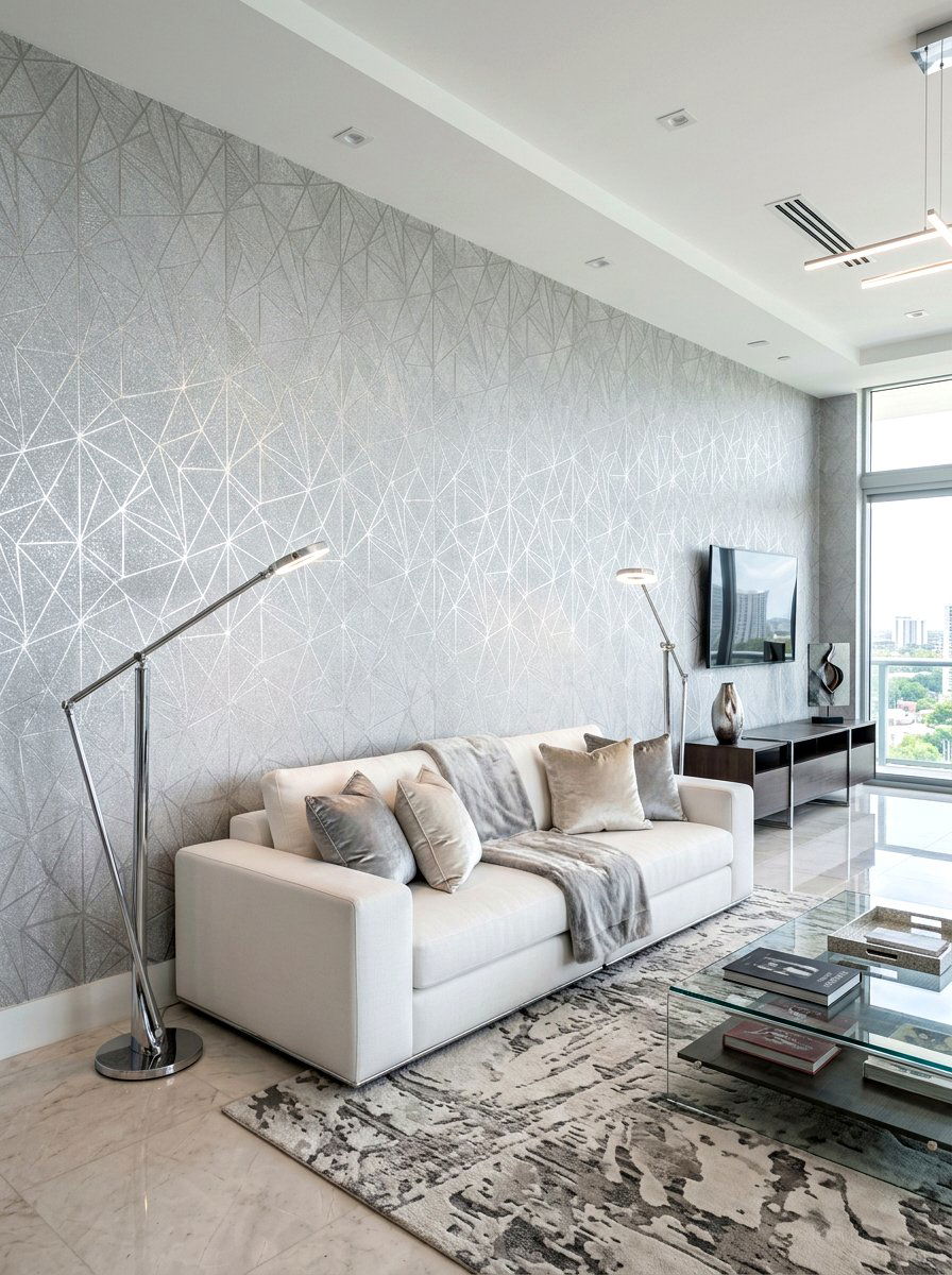 Silver Textured Wallpaper - 30 futuristic glam living room ideas