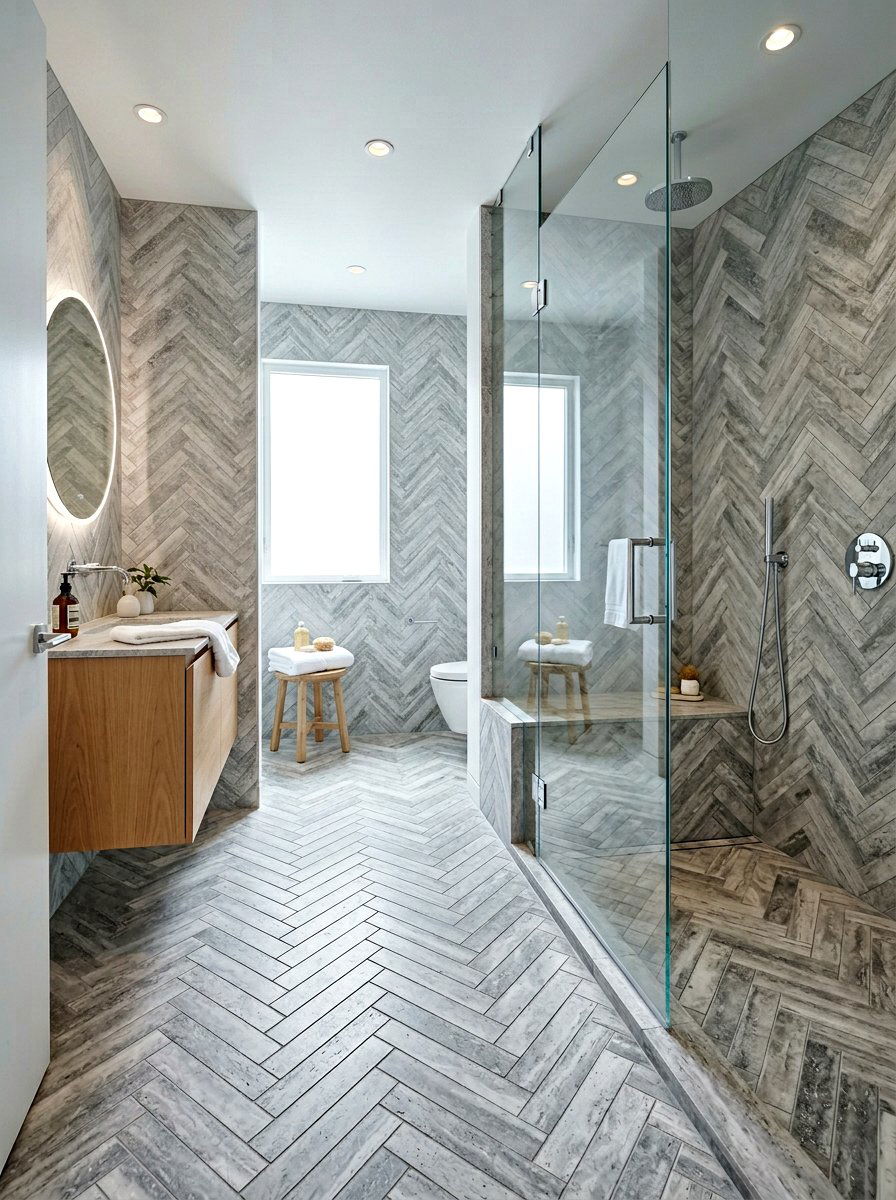 Silver Travertine Herringbone Spa Bathroom - 30 herringbone floor ideas