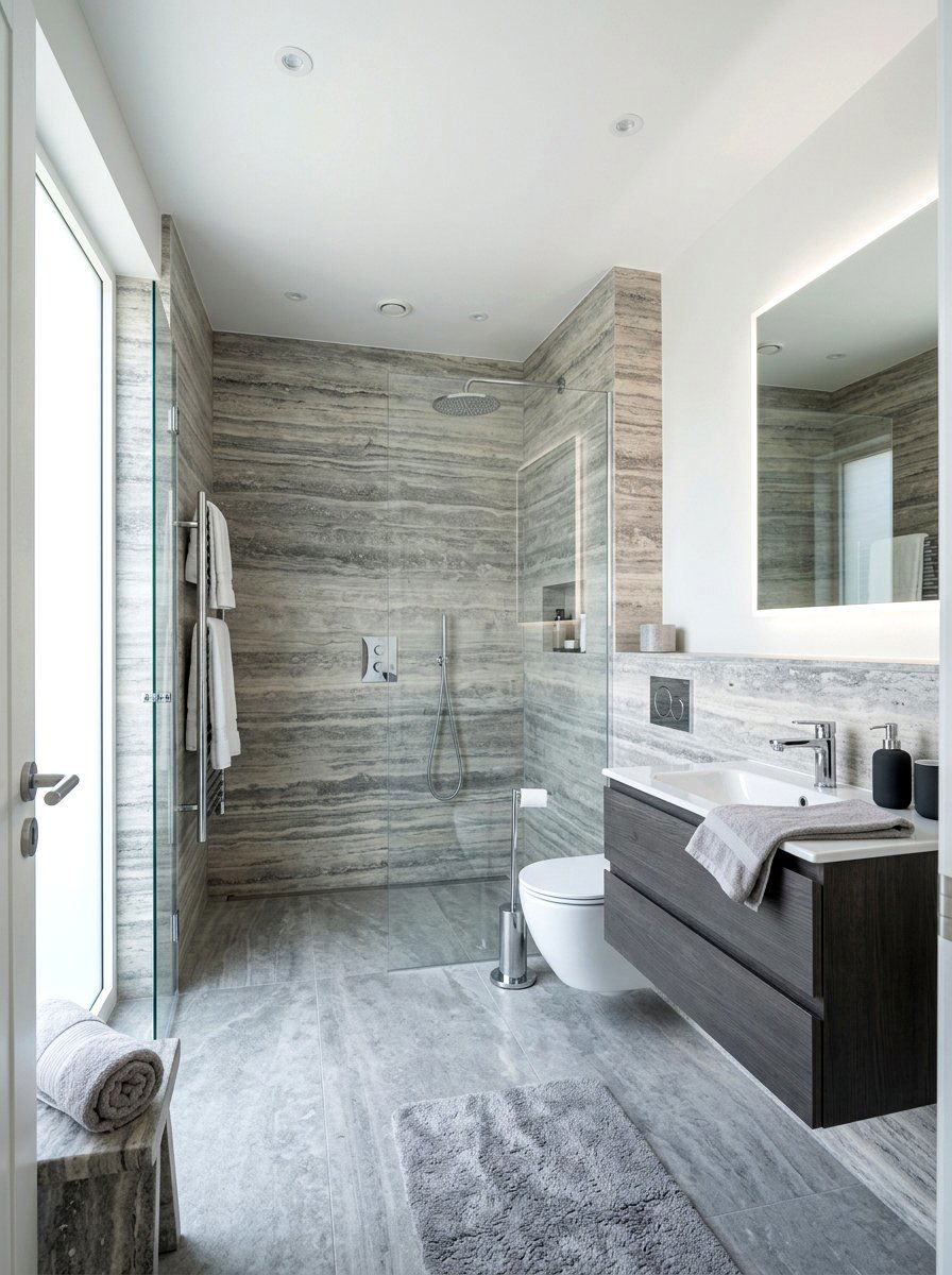 Silver Travertine Shower - 30 stone slab shower wall ideas