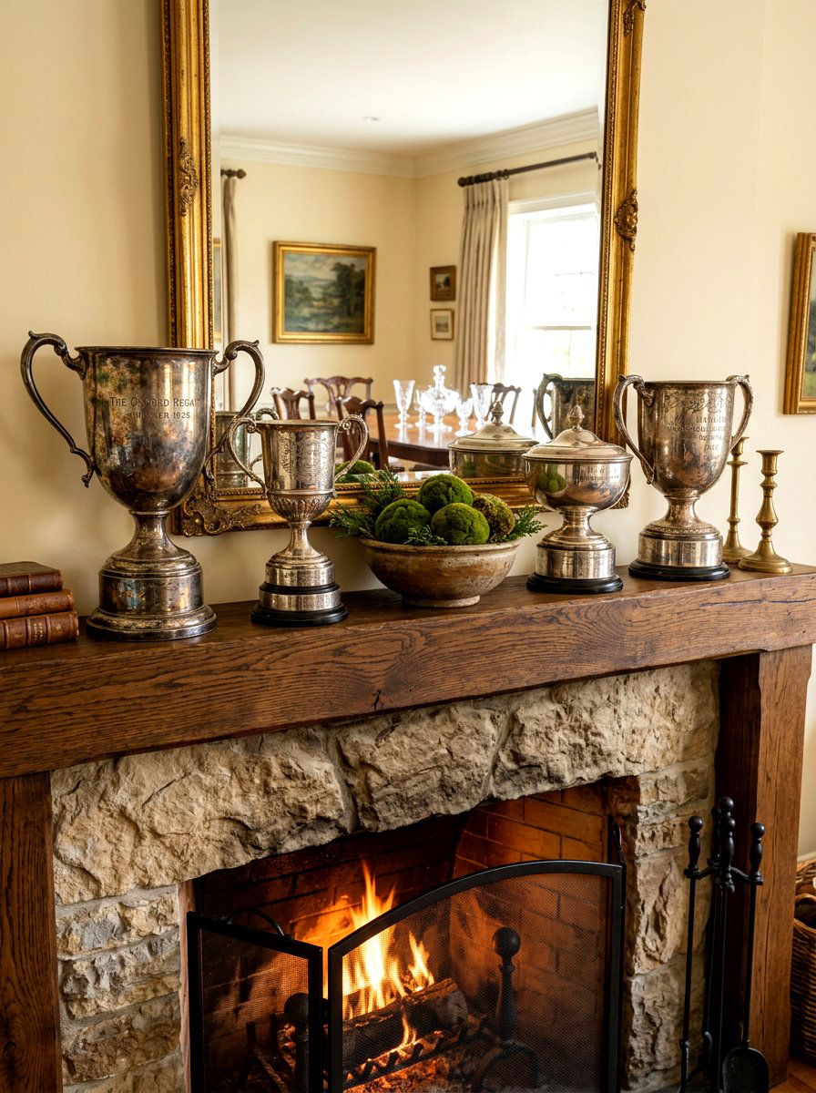 Silver Trophy Display - 30 vintage mantel styling ideas