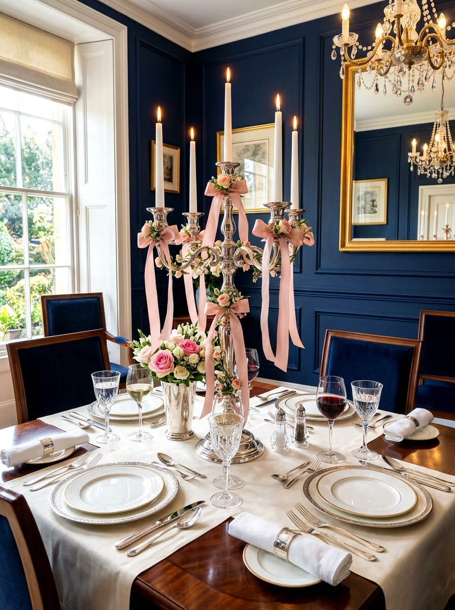 Silver Valentine Candelabra With Silk Bow - 30 bow and candle Valentine ideas